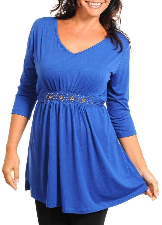 Women's Quarter-Sleeve Top With Stone Waist Detail (Plus Size) - Comfort Styles