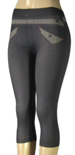 Pant Printed Leggings/Footless Tights with Check Pattern Faux Pockets - Comfort Styles