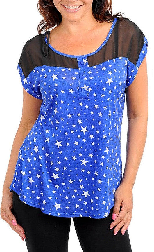 Zenobia royal star print short sleeve top with sheer neckline - Comfort Styles