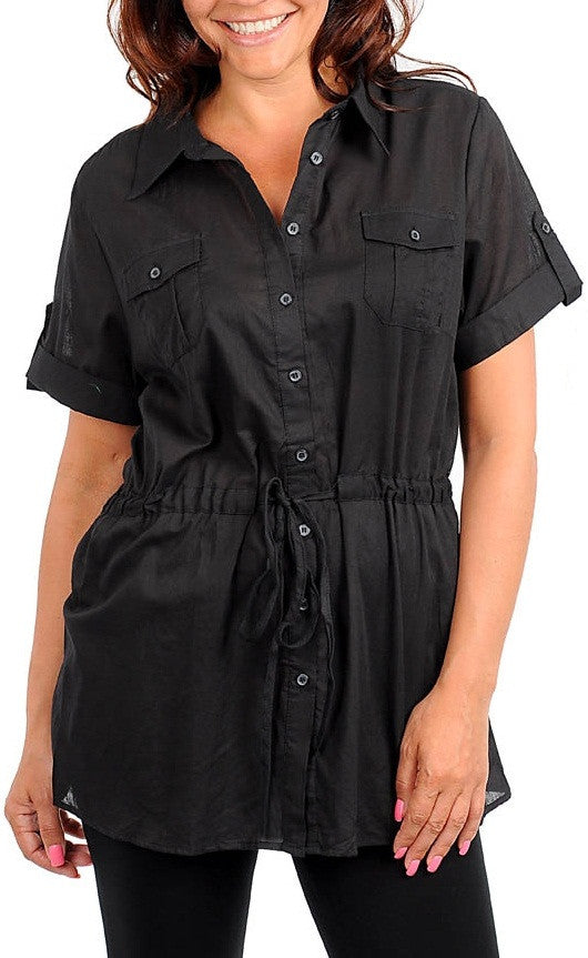 Women's Zenobia black collared drawstring tunic top - Comfort Styles