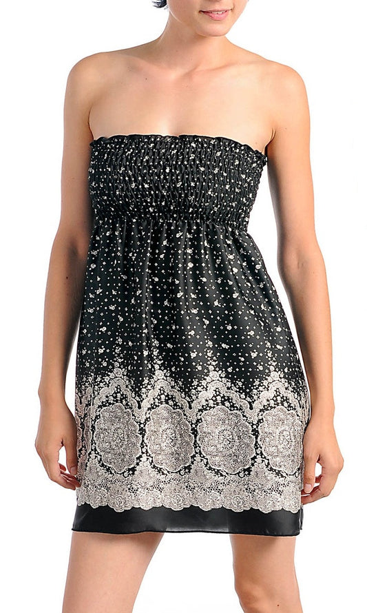 Women's Black Ivory Strapless Printed Baby Doll Dress - Comfort Styles