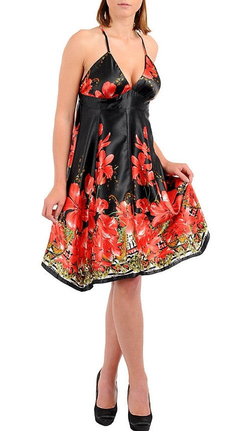 Beautiful black and red halter floral print dress - Comfort Styles