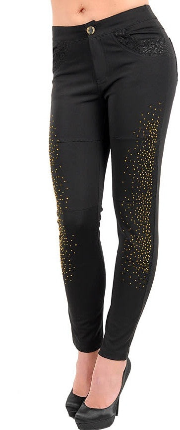 Women's Black Ladies Pants With Lace Detail Pockets - Comfort Styles