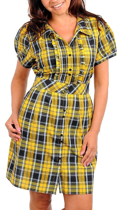 Women's Zenobia yellow and black plaid shirt dress - Comfort Styles