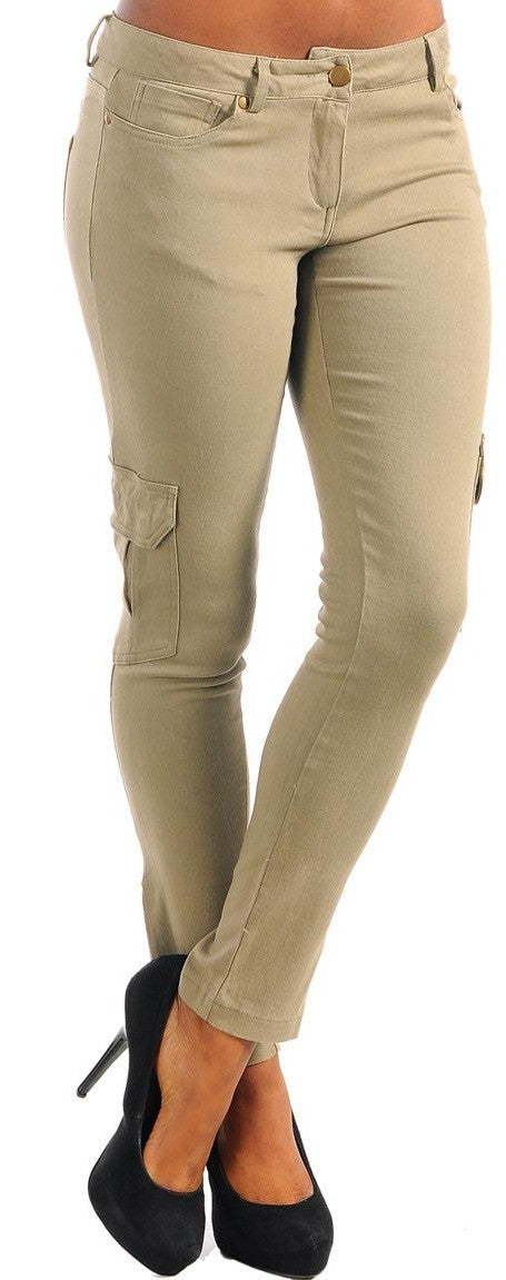 Women's Olive Cargo Zipper Skinny Pants - Comfort Styles